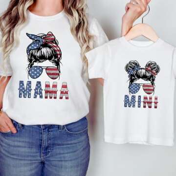 Posh Soiree Handmade Mommy and Me 4th of July Independence Day Matching T Shirts, Mama Mini, Patriot...