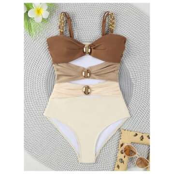 Verdusa Women's Cut Out Colorblock One Piece Swimsuit Ruched Swimwear Bathing Suit Brown Beige Medium