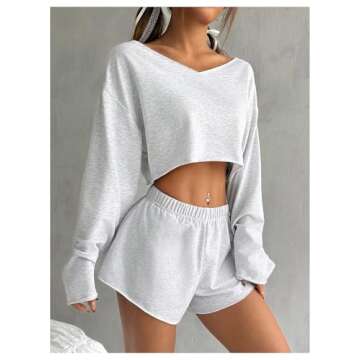 MakeMeChic Women's Pajama Set Long Sleeve Crop Top Shorts Loungewear Tracksuit Grey Small
