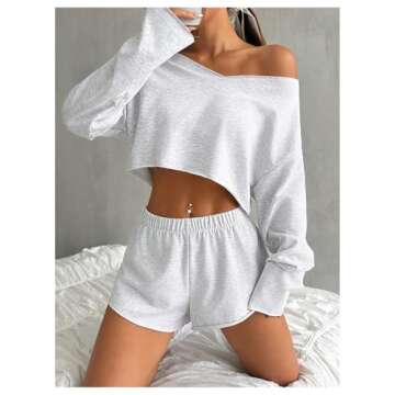 MakeMeChic Women's Pajama Set Long Sleeve Crop Top Shorts Loungewear Tracksuit Grey Small