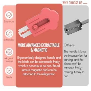 MEKER Bread Lame, Extractable Magnetic Dough Scoring Tool for Sourdough Bread Baking & Making, Includes Scoring Patterns Booklet and 10 Razor Blades, Red