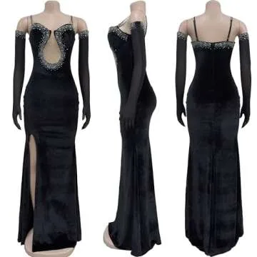 Nagfar Women Sexy Sheath Rhinestone Long Dresses Fashion Solid Color Velvet Dress(6786-Black-L)