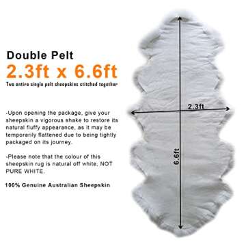 Champlus Genuine Australian Merino Sheepskin Rug, 2.3x6.6 ft Lambskin Area Rug, Double Pelt, White