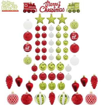 Shatterproof Christmas Tree Ornaments Set - 65 Count Assorted