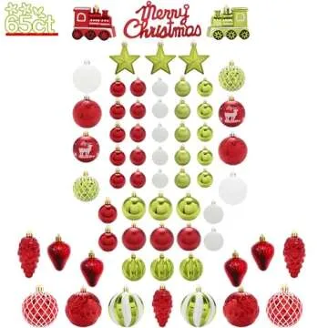 Shatterproof Christmas Tree Ornaments Set - 65 Count Assorted