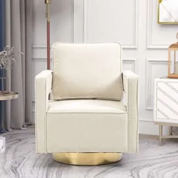 Swivel Accent Chair Mid Century Modern Single Sofa Arm Chair with Gold Stainless Steel Base for Nursery Bedroom Living Room Hotel Club Swivel Barrel Chair Leisure Lounge Chair (Beige Chenille)