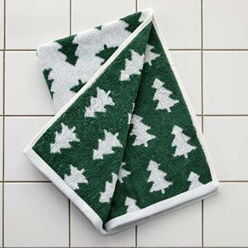 SKL Home Fall/Winter/Christmas Holiday Trees Hand Towel 2pc Set for Bath/Kitchen/Bar & Gift, Green/White