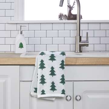 SKL Home Fall/Winter/Christmas Holiday Trees Hand Towel 2pc Set for Bath/Kitchen/Bar & Gift, Green/White