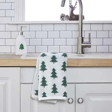 SKL Home Fall/Winter/Christmas Holiday Trees Hand Towel 2pc Set for Bath/Kitchen/Bar & Gift, Green/White
