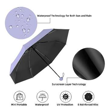 Trenovo Travel Umbrella - Mini Folding Compact Umbrella with Case, 8 Ribs Lightweight Portable Umbrella, Small Sun & Rain Pocket Umbrella for Girls and Women - Purple