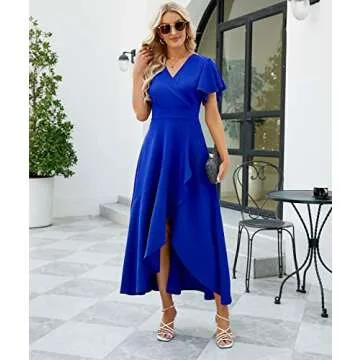 ZZV Formal Dresses for Women,Gowns Evening Party Cocktail Dress,Long Split Elegant V Neck Wrap Ruffle Wedding Guest Dresses Blue-XL