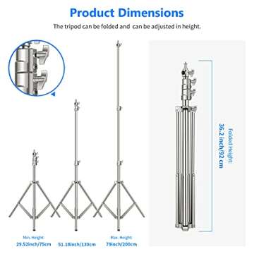 NEEWER 79"/2m Stainless Steel Light Stand, Spring Cushioned Heavy Duty Photography Tripod Stand with 1/4” to 3/8” Universal Screw Adapter for Strobe, LED Video Light, Ring Light, Monolight, Softbox