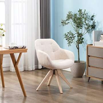 KINWELL Mid Century Modern Swivel Accent Chair, Upholstered Armchair, Desk Chair No Wheels with Sturdy Oak Wood Legs for Small Space Home Office Slim Adult, Beige