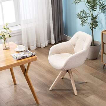 KINWELL Mid Century Modern Swivel Accent Chair, Upholstered Armchair, Desk Chair No Wheels with Sturdy Oak Wood Legs for Small Space Home Office Slim Adult, Beige