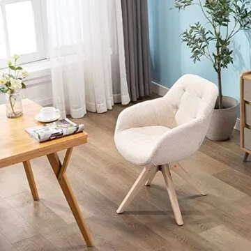 KINWELL Mid Century Modern Swivel Accent Chair, Upholstered Armchair, Desk Chair No Wheels with Sturdy Oak Wood Legs for Small Space Home Office Slim Adult, Beige