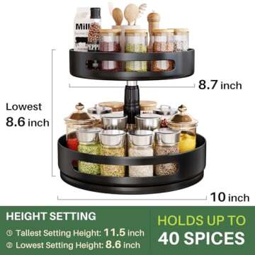 Lazy Susan Organizer Spice Rack - 2 Tier Height Adjustable Spice Organization for Cabinet, Metal Seasoning Organizer Lazy Turntable Spice Organizer for Table Top Pantry Kitchen Storage (10 inch)