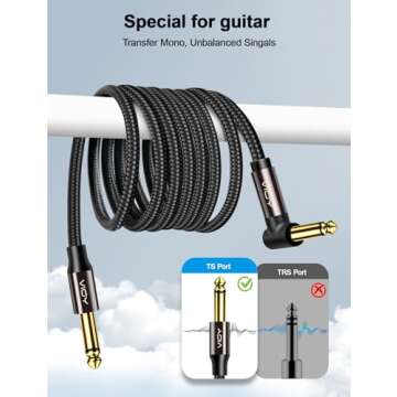 VIOY 10 ft/3 M Right Angle Instrument Cable, 6.35 mm (1/4) TS Unbalanced Mono Jack Guitar Amp Cord for Electric Guitar, Bass, Keyboard, Electric Mandolin