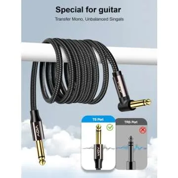 VIOY 10 ft/3 M Right Angle Instrument Cable, 6.35 mm (1/4) TS Unbalanced Mono Jack Guitar Amp Cord for Electric Guitar, Bass, Keyboard, Electric Mandolin
