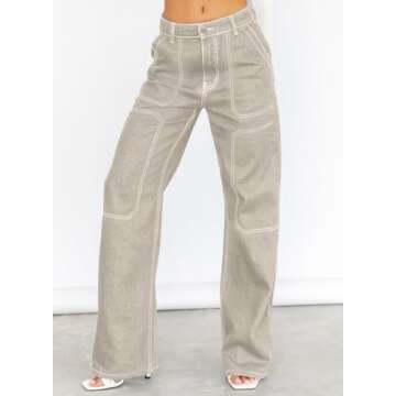 Dokotoo Womens Casual High Waisted Cargo Jeans for Women Wide Leg Boyfriend Denim Pants Apricot Size 8