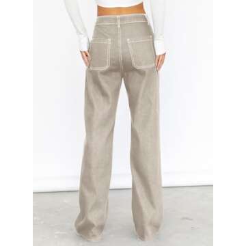 Dokotoo Womens Casual High Waisted Cargo Jeans for Women Wide Leg Boyfriend Denim Pants Apricot Size 8