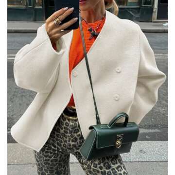 Cicy Bell Womens Cropped Wool Jackets Fall V Neck Short Pea Coats Single Breasted Outerwear Winter O...