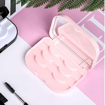 Empty Eyelashes Storage Box, TEOYALL 3 Layer False Eyelash Travel Case Fake Eye Lash Organizer with Mirror Can Store 3 Pairs (Pink)