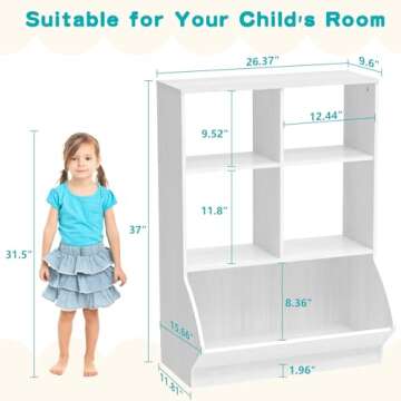 EasyCom Toy Organizers and Storage, Toddler 5 Cube Kids Bookshelf and Toy Storage Cabinet, 3 Tier Book Shelf for Playroom Bedroom Living Room（ Nursery White）