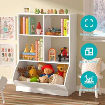 EasyCom Toy Organizers and Storage, Toddler 5 Cube Kids Bookshelf and Toy Storage Cabinet, 3 Tier Book Shelf for Playroom Bedroom Living Room（ Nursery White）