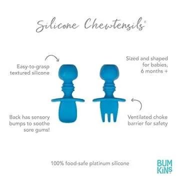 Bumkins Baby Utensils Set, Chewtensils Silicone Spoons for Dipping, Self-Feeding, Baby Led Weaning, Trainer Learning, First Stage Eating, Soft Practice Fork and Spoon, Babies 6 Months, Dark Blue