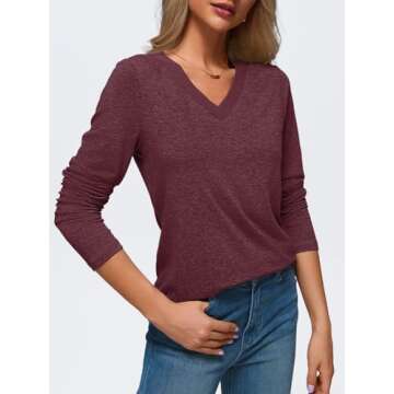 AUTOMET Women's Long Sleeve Shirts V Neck Casual Loose Fit Fall Tops Fashion Trendy Dressy Clothes Basic Tee Winter Tunic WineRed Medium