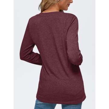 AUTOMET Women's Long Sleeve Shirts V Neck Casual Loose Fit Fall Tops Fashion Trendy Dressy Clothes Basic Tee Winter Tunic WineRed Medium