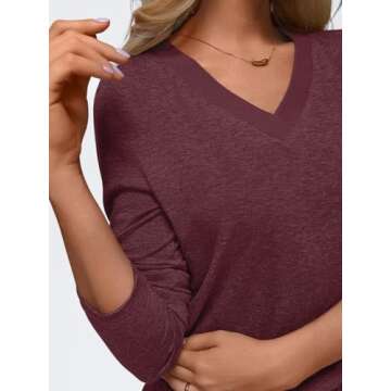 AUTOMET Women's Long Sleeve Shirts V Neck Casual Loose Fit Fall Tops Fashion Trendy Dressy Clothes Basic Tee Winter Tunic WineRed Medium