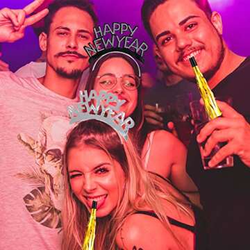 Tawecrew 24 Pieces New Years Eve Party Supplies 2026,Happy New Year Headband Tiara,Metallic Fringed Noise Makers Gold Sliver for Kids and Adults