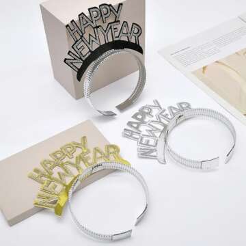 Tawecrew 24 Pieces New Years Eve Party Supplies 2026,Happy New Year Headband Tiara,Metallic Fringed Noise Makers Gold Sliver for Kids and Adults