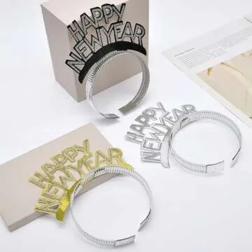 Tawecrew 24 Pieces New Years Eve Party Supplies 2026,Happy New Year Headband Tiara,Metallic Fringed Noise Makers Gold Sliver for Kids and Adults