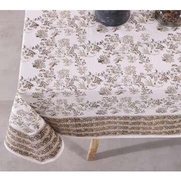 Labhanshi Indian Handblock Print Pre-Washed Cotton Floral 60x90 Inch Rectangle 6-Seater Tablecloth|Rustic Farmhouse Decorative Party Event Wedding Spring Easter Festive Holiday Decor|Beige Brown