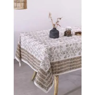 Labhanshi Indian Handblock Print Pre-Washed Cotton Floral 60x90 Inch Rectangle 6-Seater Tablecloth|Rustic Farmhouse Decorative Party Event Wedding Spring Easter Festive Holiday Decor|Beige Brown