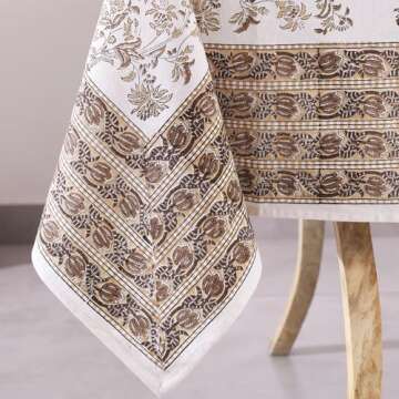 Labhanshi Indian Handblock Print Pre-Washed Cotton Floral 60x90 Inch Rectangle 6-Seater Tablecloth|Rustic Farmhouse Decorative Party Event Wedding Spring Easter Festive Holiday Decor|Beige Brown