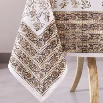 Labhanshi Indian Handblock Print Pre-Washed Cotton Floral 60x90 Inch Rectangle 6-Seater Tablecloth|Rustic Farmhouse Decorative Party Event Wedding Spring Easter Festive Holiday Decor|Beige Brown