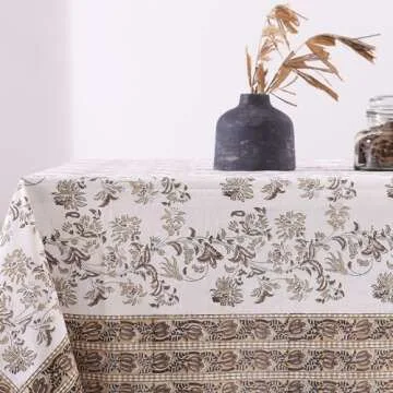 Labhanshi Indian Handblock Print Pre-Washed Cotton Floral 60x90 Inch Rectangle 6-Seater Tablecloth|Rustic Farmhouse Decorative Party Event Wedding Spring Easter Festive Holiday Decor|Beige Brown