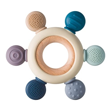 Arudyo Baby Teething Toys Silicone Teethers BPA Free Silicone Rudder with Wooden Ring Soothe Babies ...