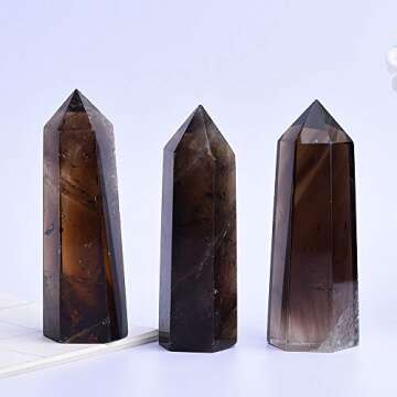 Runyangshi Smoky Quartz Natural Healing Crystal Wands Height 2"-2.4", 6 Faceted Prism Wand Reiki Chakra Stone, Natural Quartz