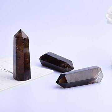 Runyangshi Smoky Quartz Natural Healing Crystal Wands Height 2"-2.4", 6 Faceted Prism Wand Reiki Chakra Stone, Natural Quartz