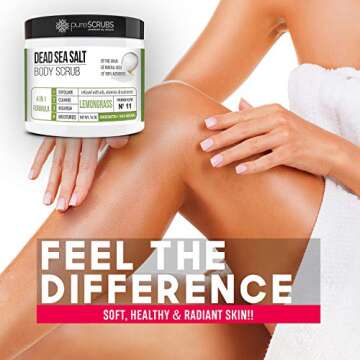 pureSCRUBS Premium Lemongrass Dead Sea Salt Body Exfoliator Scrub, Full Exfoliating Body Scrubber - Large 16oz Jar, Filled With Essential Oils, Includes Spoon, Loofah & Exfoliating Skin Soap