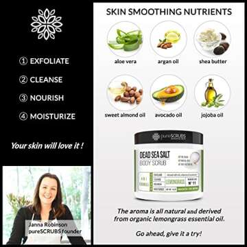 pureSCRUBS Premium Lemongrass Dead Sea Salt Body Exfoliator Scrub, Full Exfoliating Body Scrubber - Large 16oz Jar, Filled With Essential Oils, Includes Spoon, Loofah & Exfoliating Skin Soap