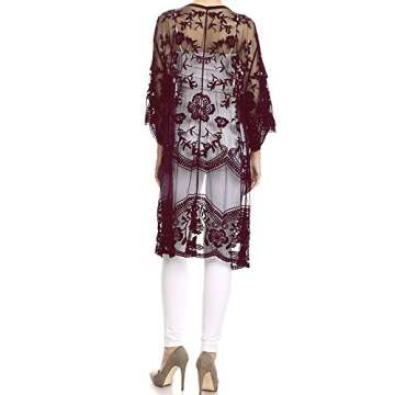 Anna-Kaci Floral Crochet Lace Cardigan for Women Beach Cover Ups Dress Kimono, Burgundy, OneSize