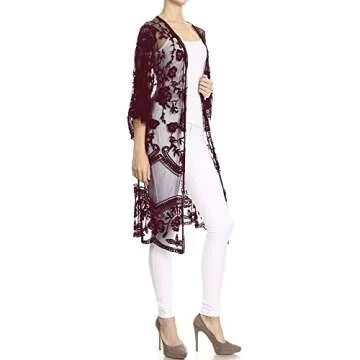 Anna-Kaci Floral Crochet Lace Cardigan for Women Beach Cover Ups Dress Kimono, Burgundy, OneSize
