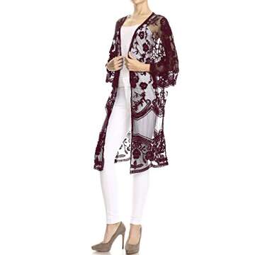 Anna-Kaci Floral Crochet Lace Cardigan for Women Beach Cover Ups Dress Kimono, Burgundy, OneSize