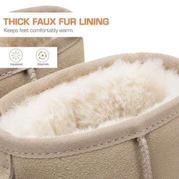 DREAM PAIRS Snow Boots for Women Genuine Suede Faux Fur Lining Water Resistant Anti-Slip Warm Winter Booties Slip On Memory Foam Comfort Ankle Boots FuzzyClassicⅡ Low Boots,Size 6.5,Sand,SDSB2432W