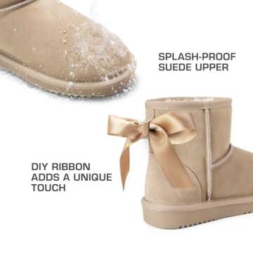 DREAM PAIRS Snow Boots for Women Genuine Suede Faux Fur Lining Water Resistant Anti-Slip Warm Winter Booties Slip On Memory Foam Comfort Ankle Boots FuzzyClassicⅡ Low Boots,Size 6.5,Sand,SDSB2432W